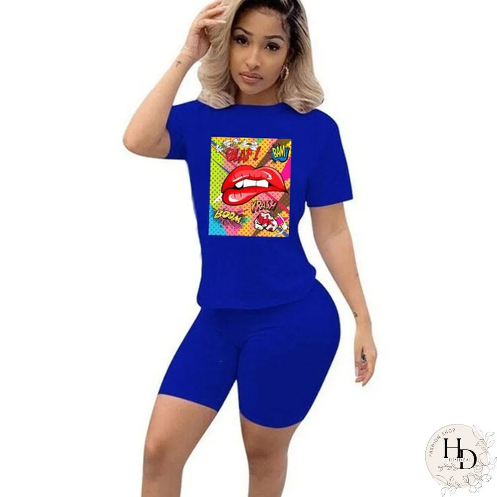 Womens Two Piece Set Cute Nibble Lips Print Short Sleeve Top With Skinny Shorts Pants