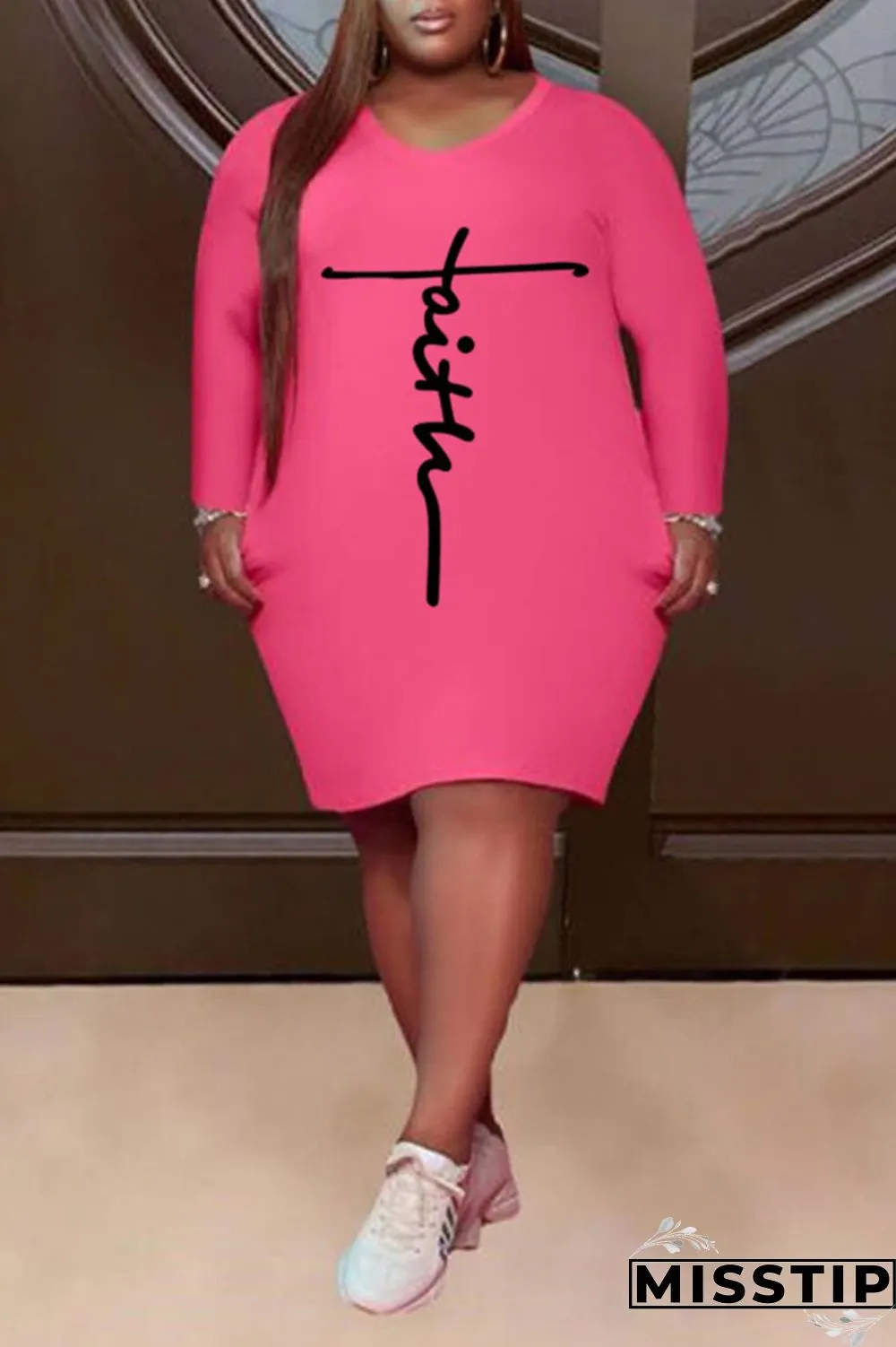 Pink Casual Print Patchwork V Neck Straight Plus Size Dresses