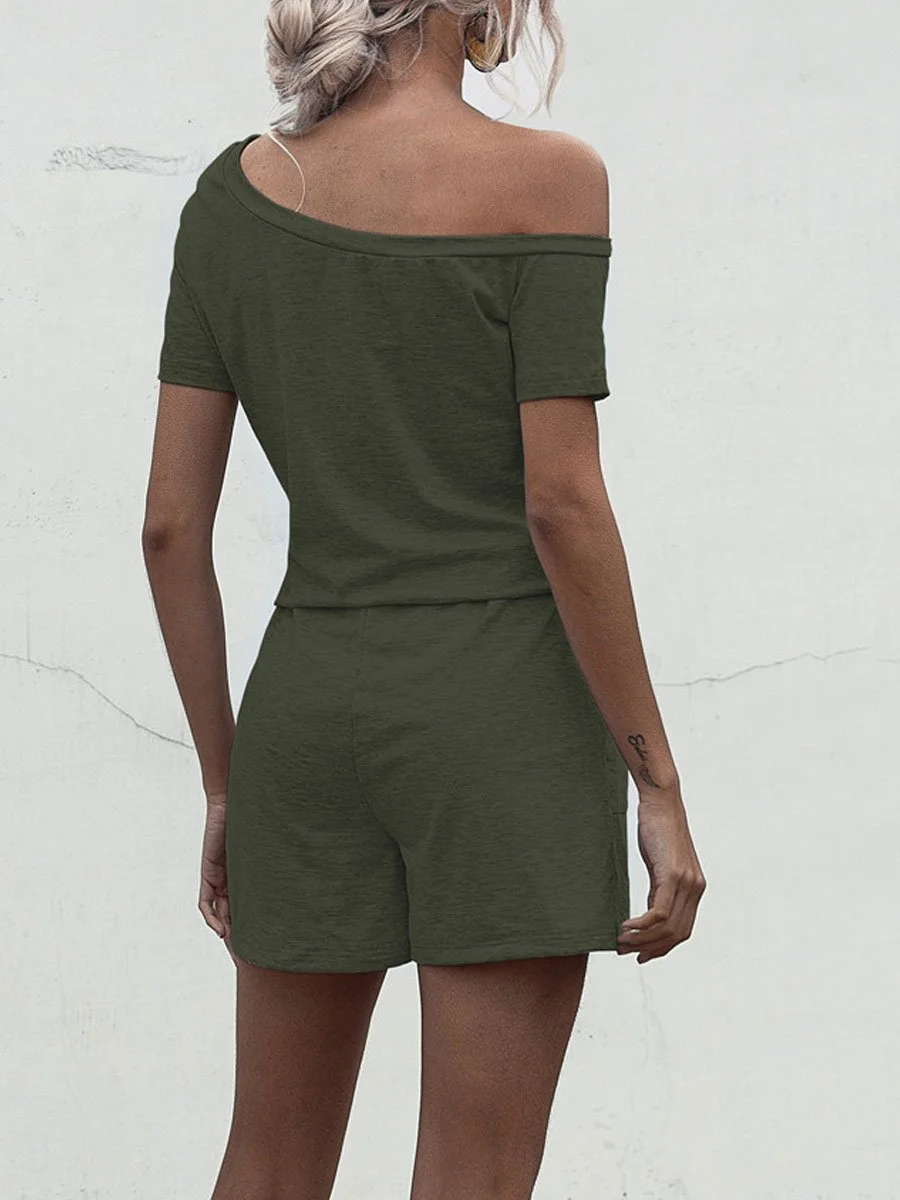 Off-shoulder Short Sleeve Pocket Lace-up Romper