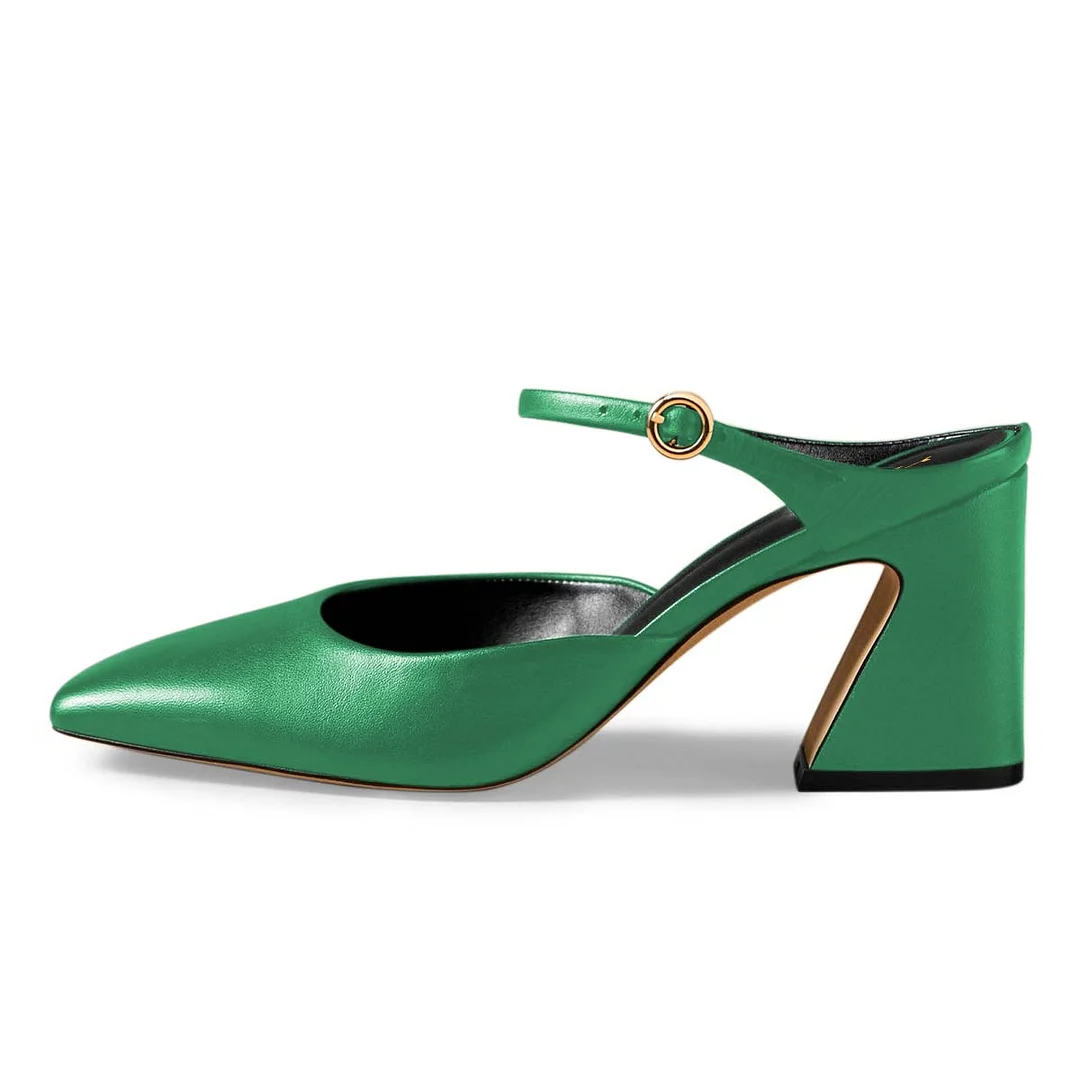Green Vegan Leather Square Toe Buckle Strap Block Heel Mary Janes