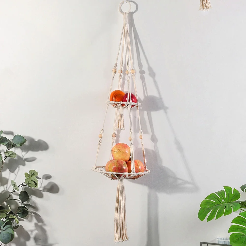 3 Tier Macrame Hanging Basket Boho Home Decor Flower Plant Holder Hanging Fruit Basket for Kitchen Indoor Outdoor Decorative