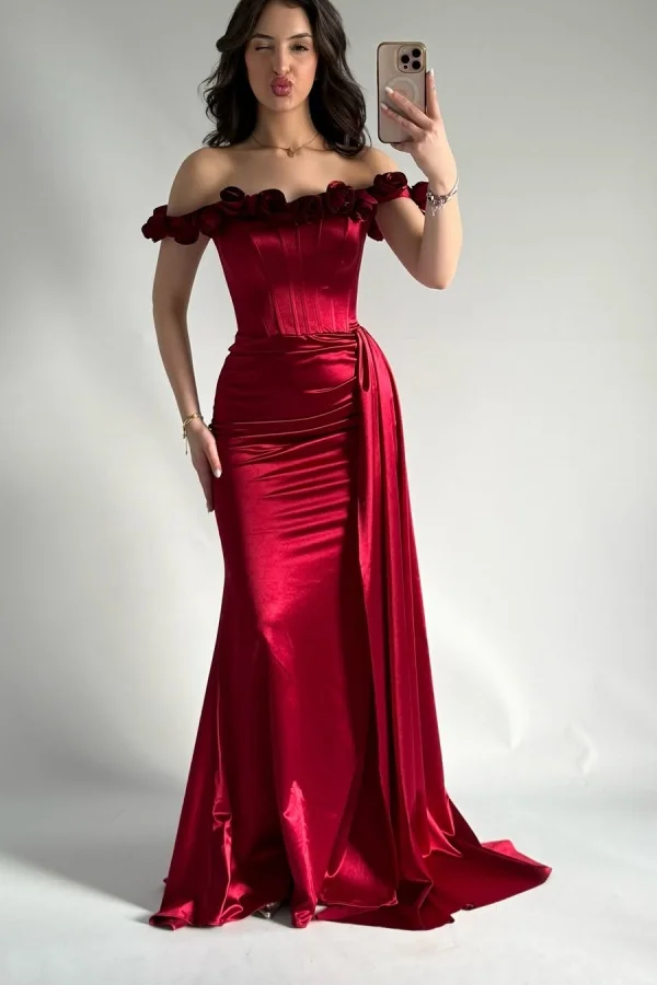 Red Off-The-Shoulder Handmade Flower Glamorous Prom Dress With Side Train YK0024