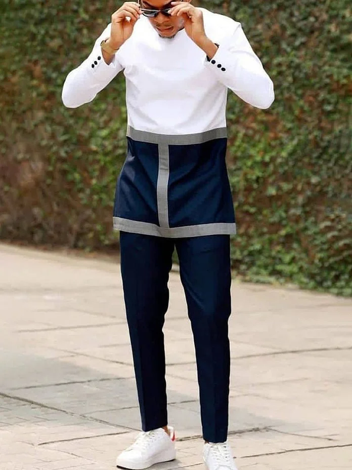 Men's fashion casual white navy printed two piece set