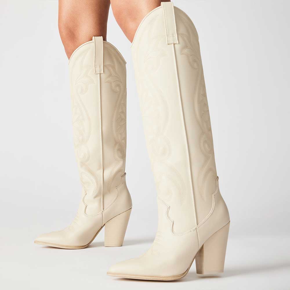 Ivory Pointed Toe Embroidered Knee-high Block Heel Cowgirl Boots Nicepairs