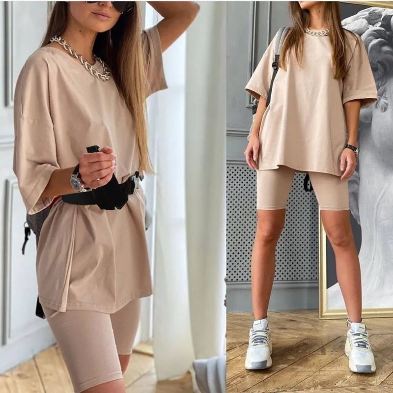 Casual solid new women's two piece suit including belt solid color home loose sports fashion leisure suit summer couples wear