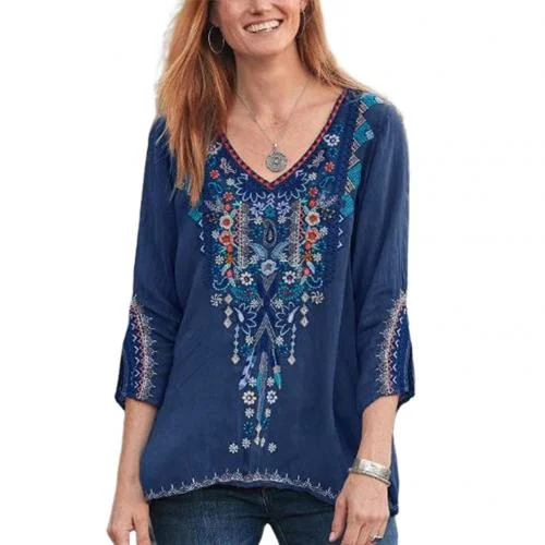 Boho Casual V Neck Long Sleeve Floral Embroidery Blouse