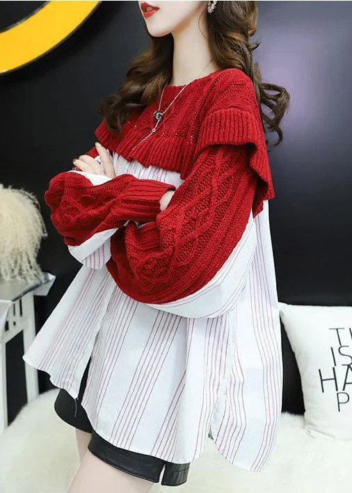 Casual Red O-Neck Ruffles Patchwork Knit Silk Tops Spring