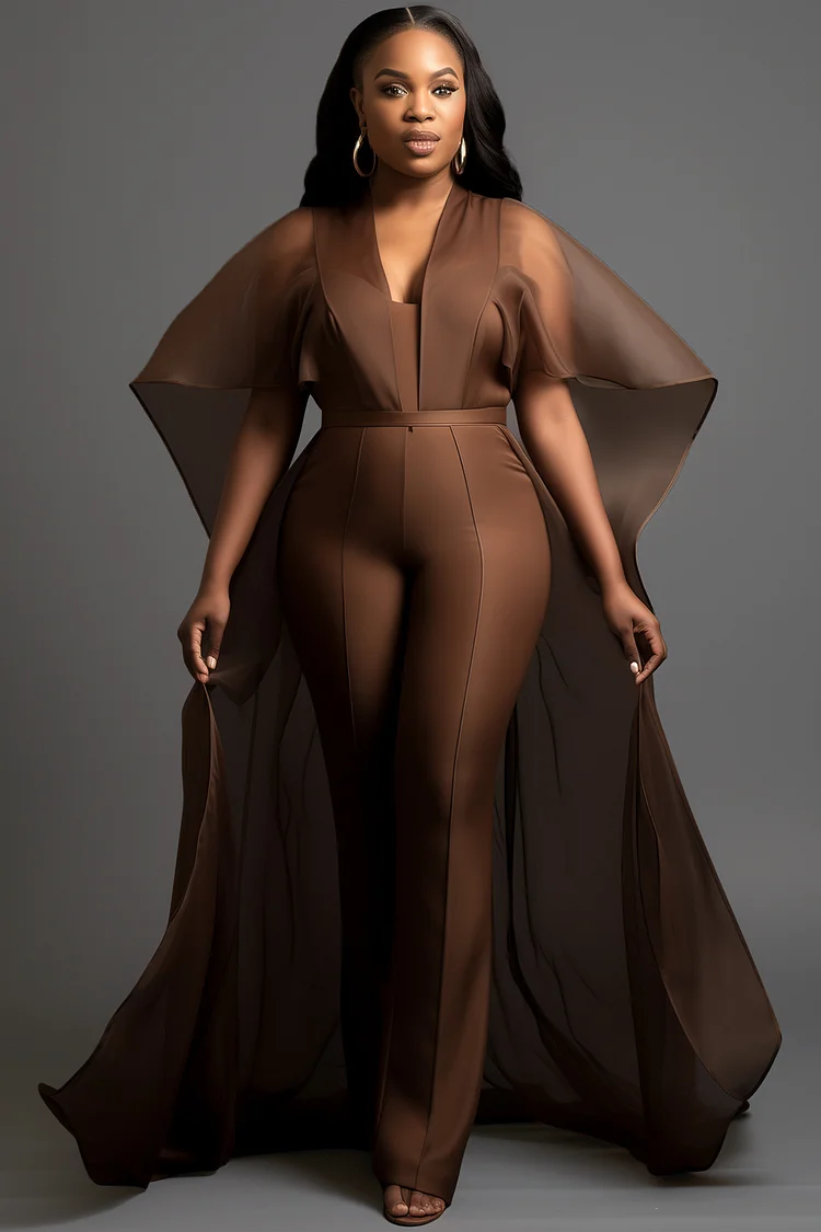 Xpluswear Design Plus Size Formal Brown V Neck Cape Sleeve See Through Organza Jumpsuits [Pre-Order] 2024 - Xpluswear
