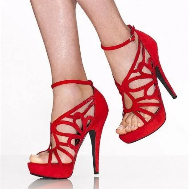 Red Cut out Platform Sandals Stiletto Heels Ankle Strap Sandals |FSJ Shoes