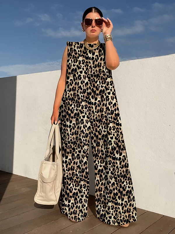 Fashion Sleeveless Leopard Stamped Wide Leg Jumpsuits
