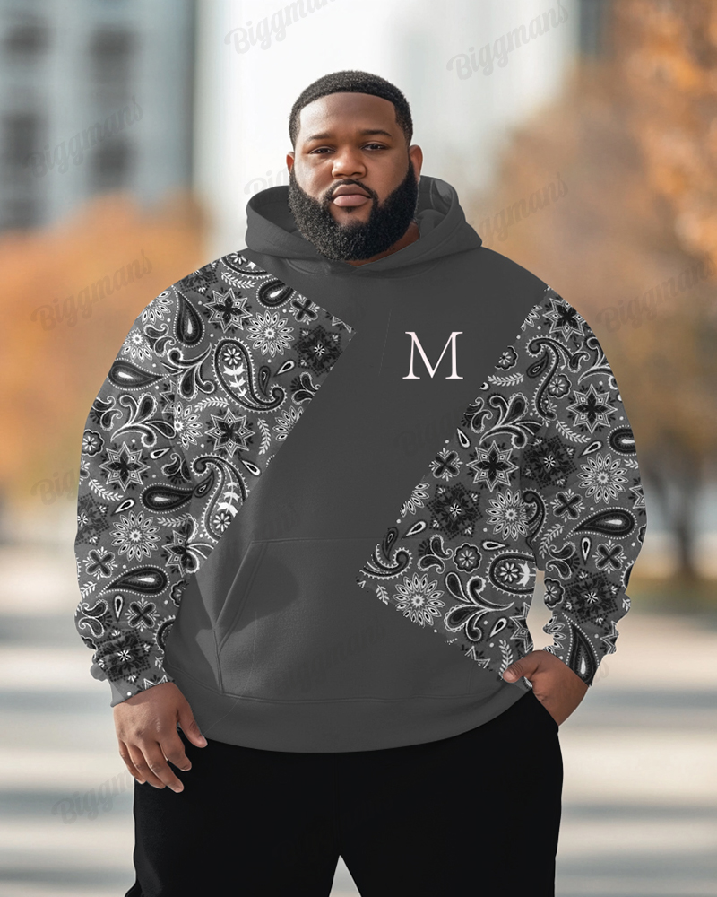 Paisley Patchwork Alphabet Skull Print Hoodie Men's Plus Size