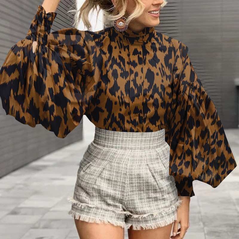 Elegant OL Blouses Celmia Women's Big Lantern Sleeve Sexy Leopard Print Shirts 2022 Fashion Stand Collar Casual Tunic Tops Femme
