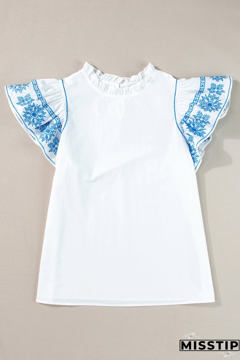 Ruffled Mock Neck Cap Sleeve Blouse