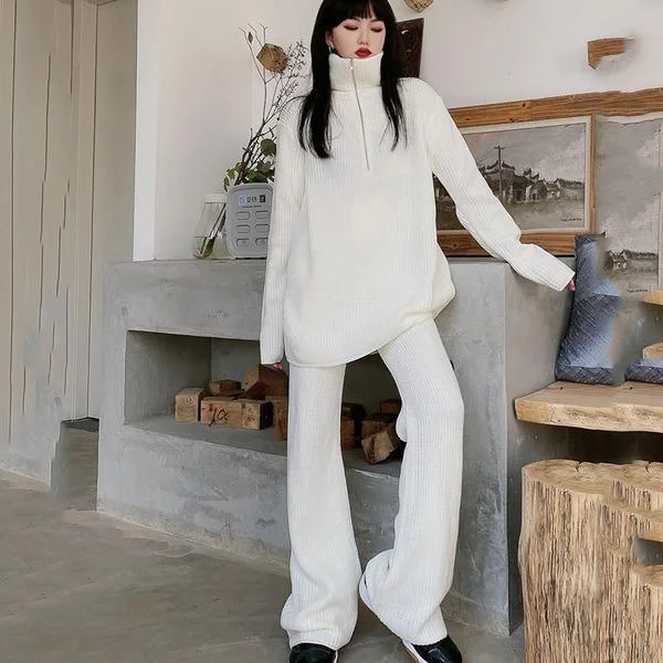 Zipper Knitted Solid Pullover Casual Fashion New Style Temperament All Match Women Clothes