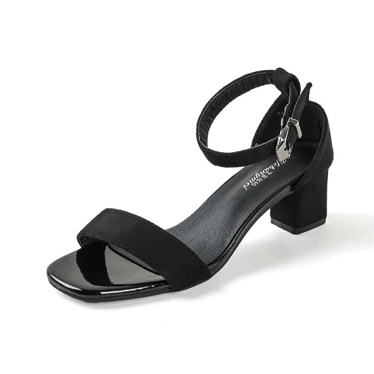 Elegant Plain Square Neck Ankle Strap Pin Buckle Heels