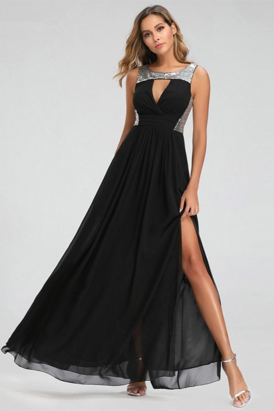 Sexy Black Sequins Chiffon Prom Dress With Split