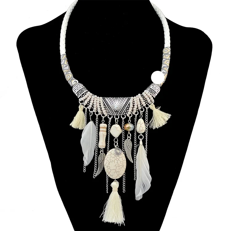 Bohemian Fashion Silver Plated Leather Chain Resin Beads Natrual Stone Feather Tassel Necklace Jewelry