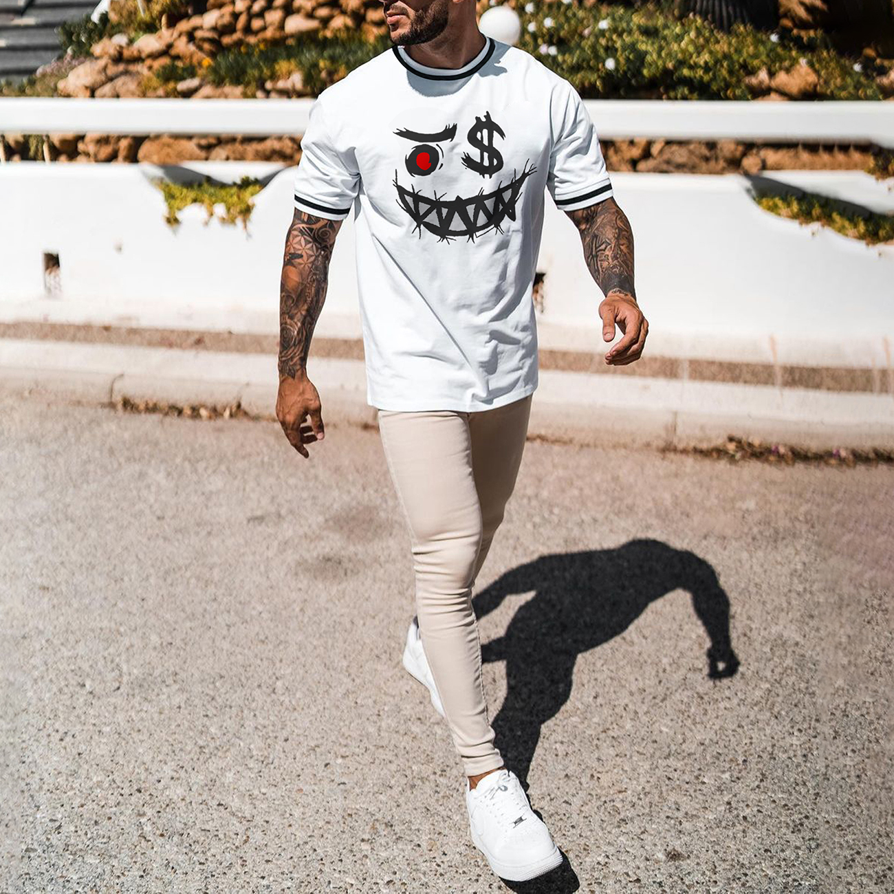 Smiley Face Print T-shirt Men's Casual Color Matching Short-sleeved T-shirt