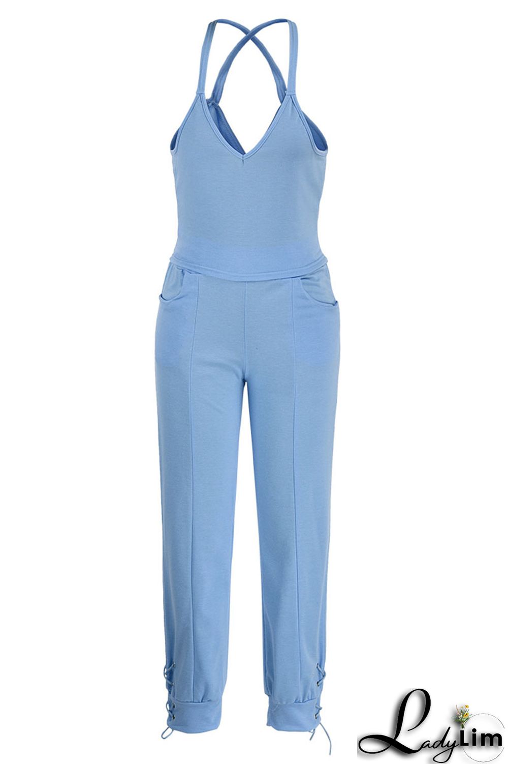Dark Blue Casual Solid Split Joint Spaghetti Strap Sleeveless Two Pieces