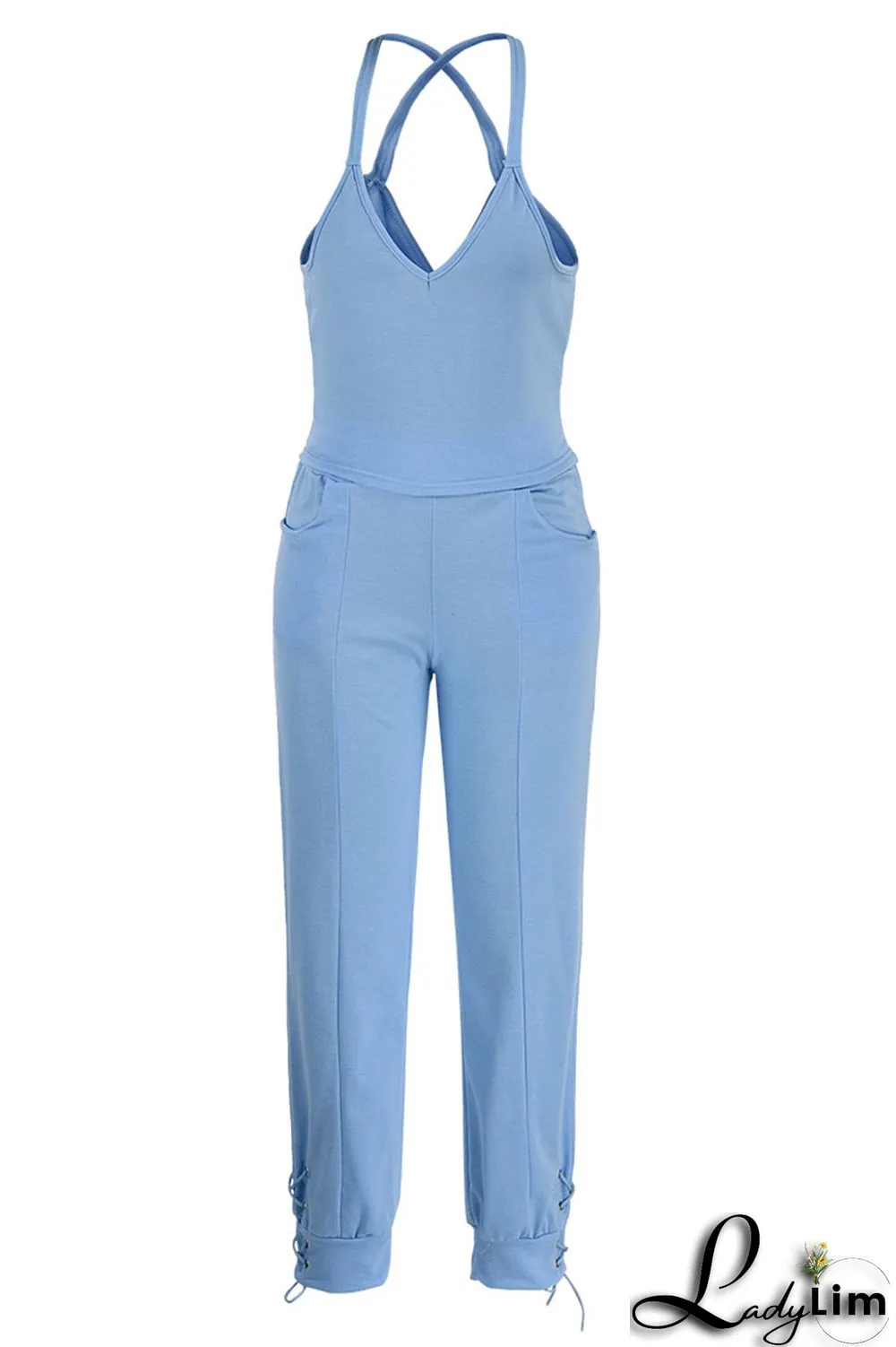 Dark Blue Casual Solid Split Joint Spaghetti Strap Sleeveless Two Pieces