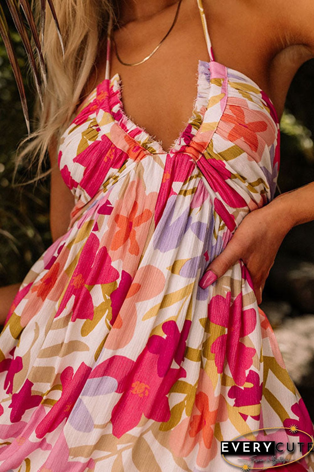 Red Halter Neck Backless Floral Print Maxi Dress with Ties