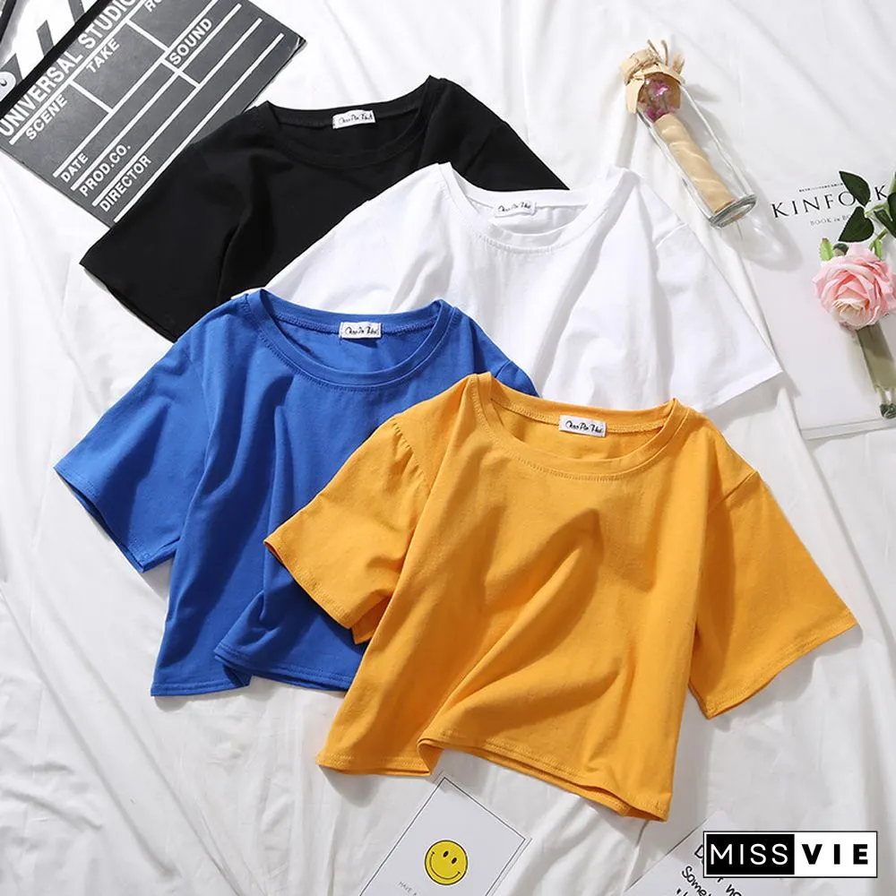 Summer Short Sleeve T Shirts Women Cotton Solid T-shirt O Neck High Waist Tee Female Casual Loose T Shirt