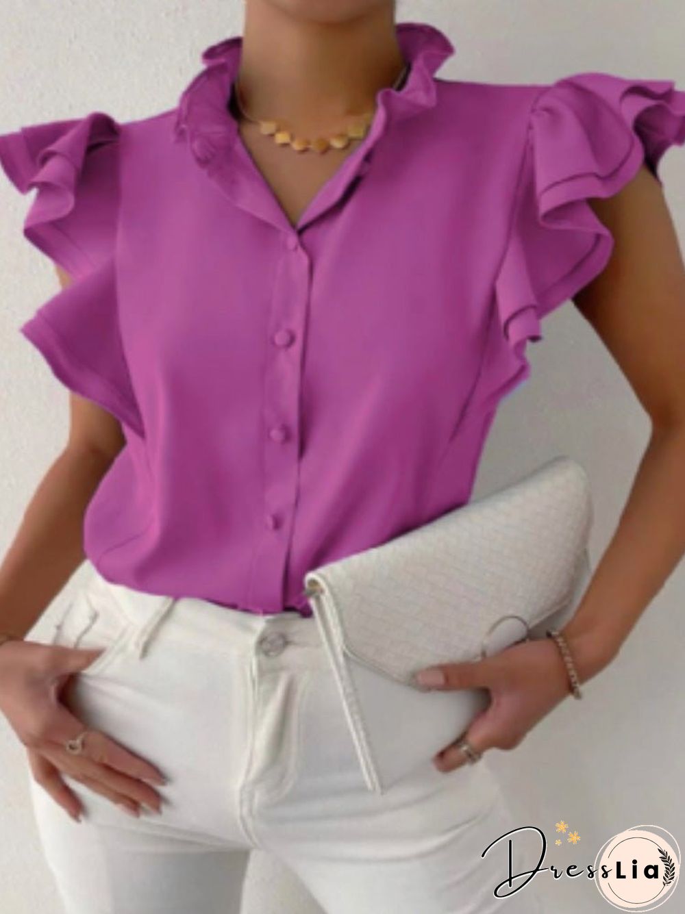 Women'S Blouses Solid Stand Collar Button Ruffle Blouse