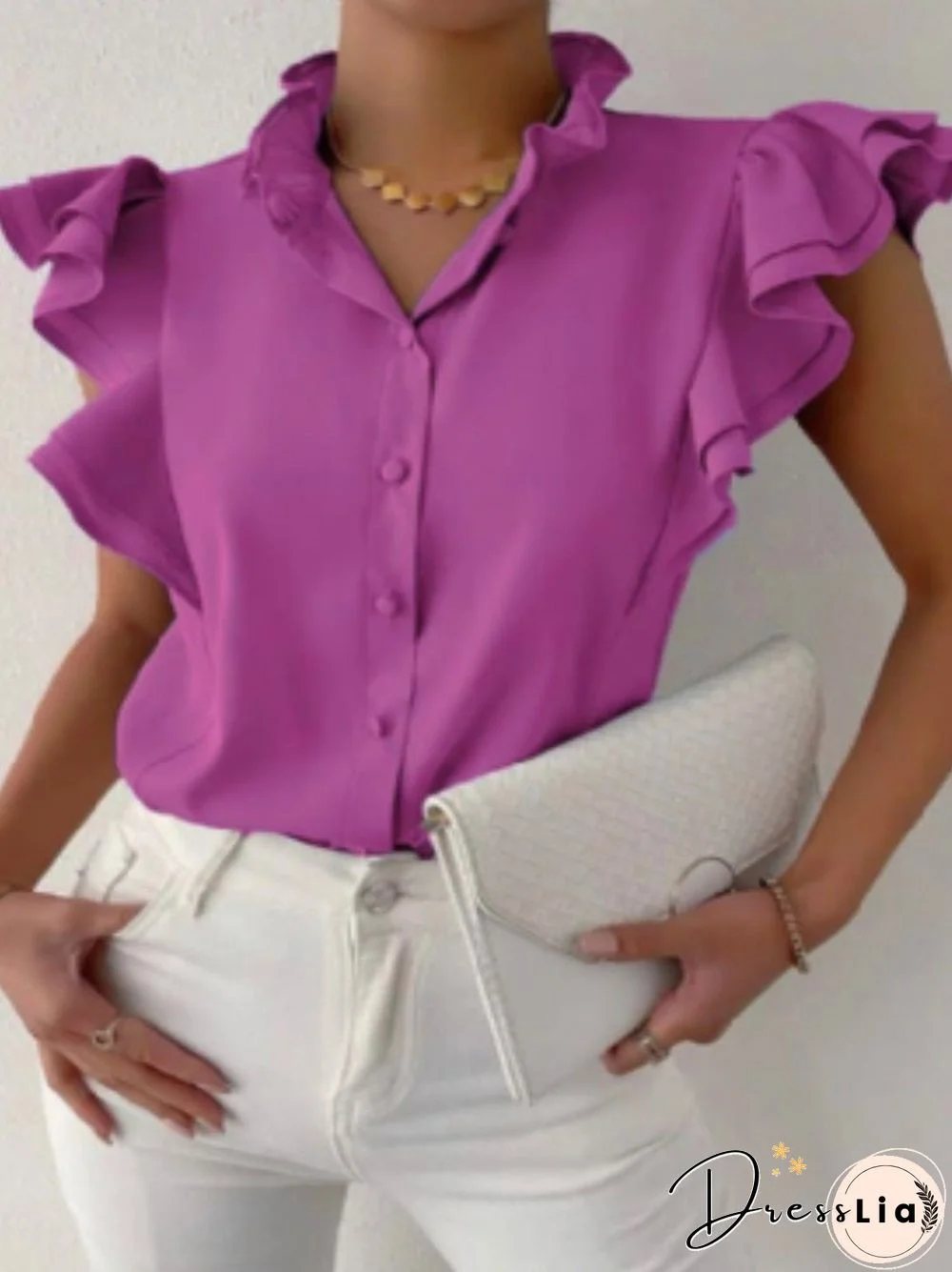 Women'S Blouses Solid Stand Collar Button Ruffle Blouse