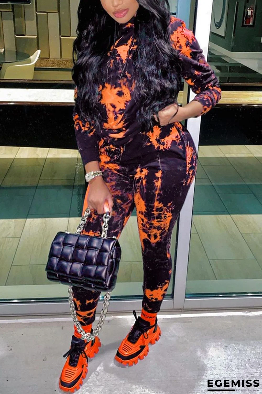 Orange Fashion Casual Print Tie Dye Tie-dye Hooded Collar Long Sleeve Regular Sleeve Regular Two Pieces | EGEMISS