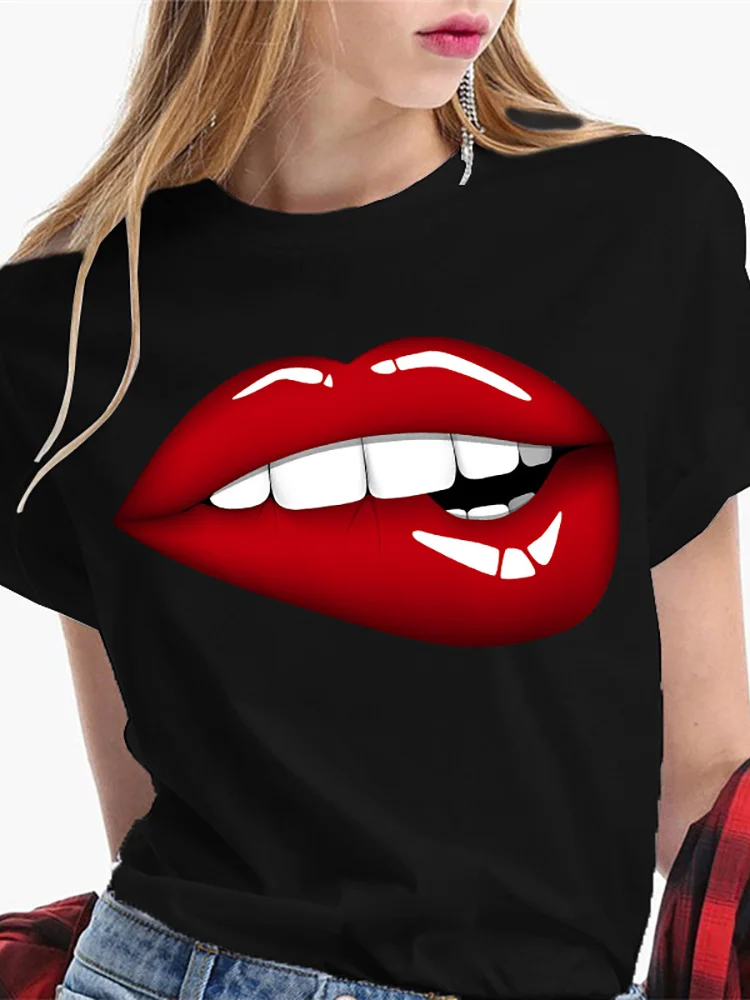 Women Tops O-neck Sexy Black Tees Kiss Lip Funny Summer Female Soft T-shirt Lips Watercolor Graphic T Shirt Top Short Sleeve