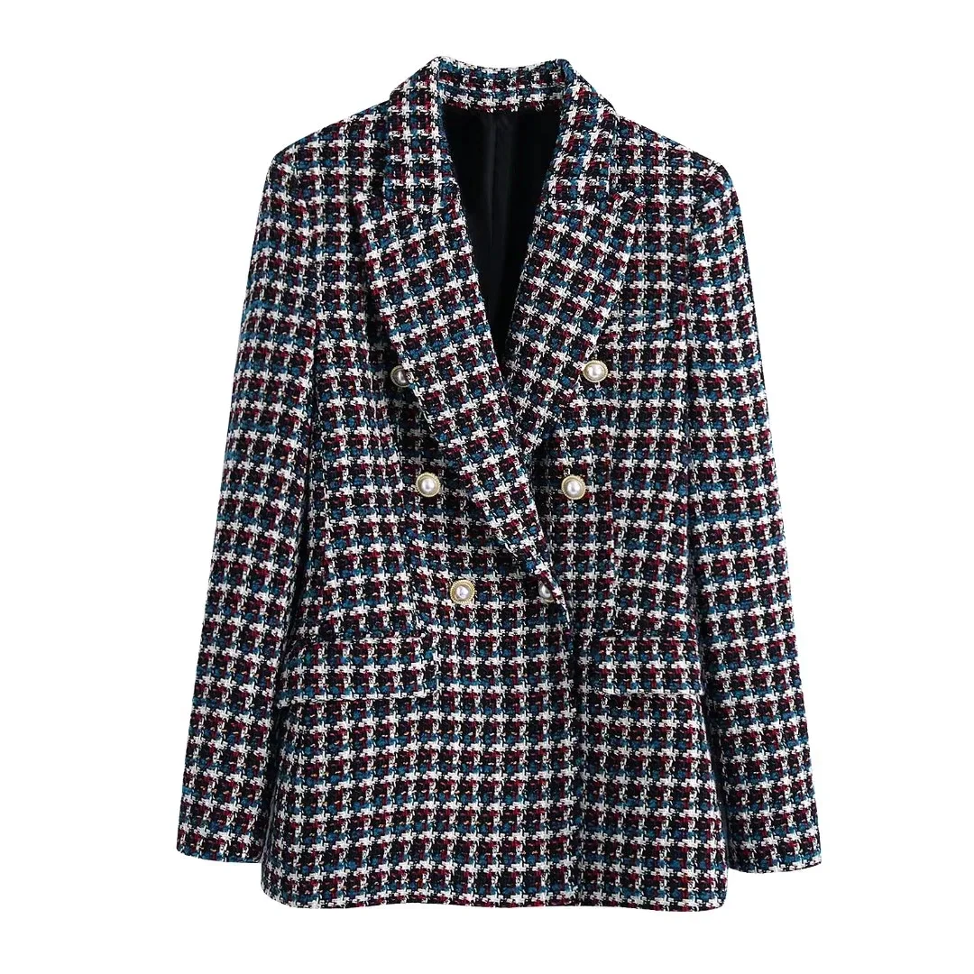 CARTOONH Women Fashion Double Breasted Tweed Check Blazers Coat Vintage Long Sleeve Female Outerwear And High Waist Mini A-line Skirt
