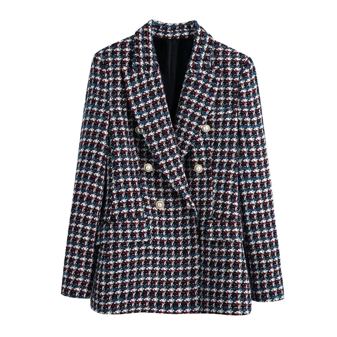 Fongt Women Fashion Double Breasted Tweed Check Blazers Coat Vintage Long Sleeve Female Outerwear And High Waist Mini A-line Skirt