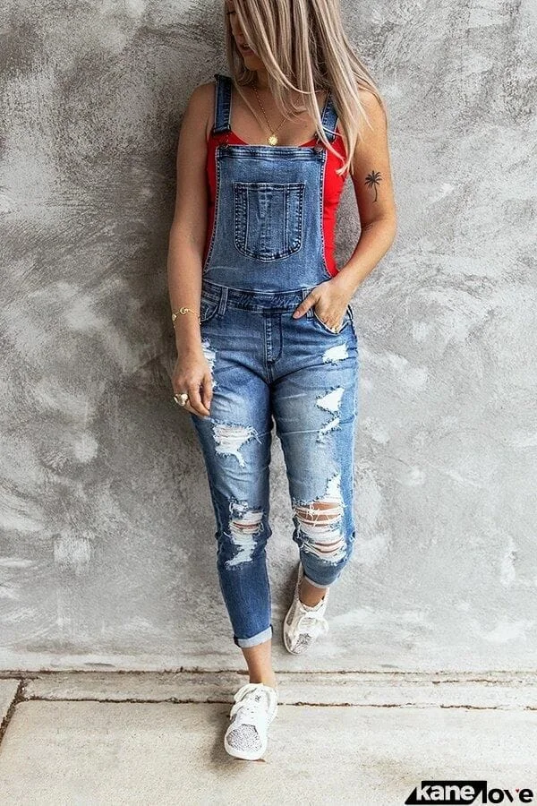 Retro Ripped Stretch Denim Overall