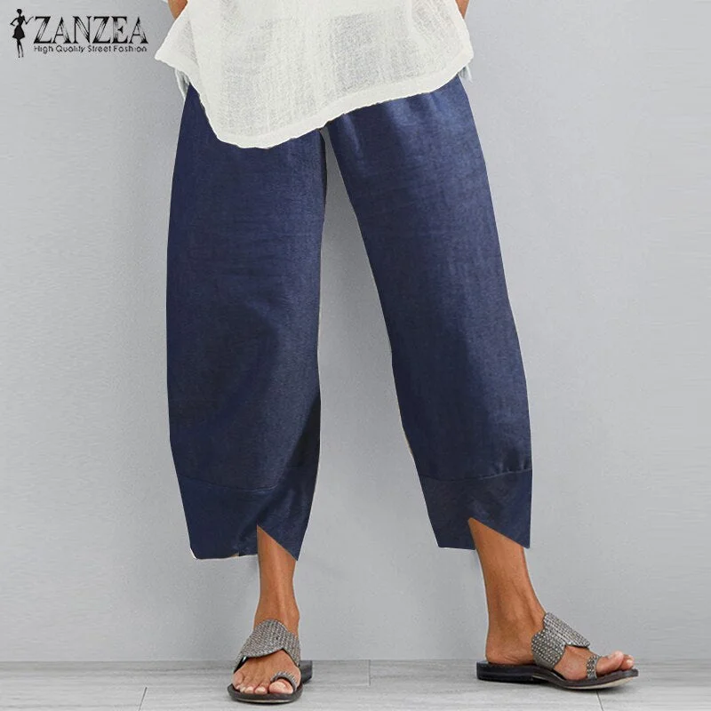Vintage Women Cotton Linen Wide Leg Pants ZANZEA 2022 Female Asymmetric Trousers Ladies Casual Loose Pockets Elastic Waist Pants