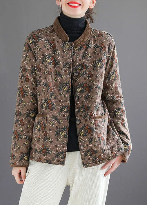 Coffee Print Warm Fleece Puffers Jackets Stand Collar Winter