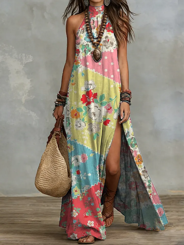 Bohemian Floral Halter-neck Maxi Dress With Slit