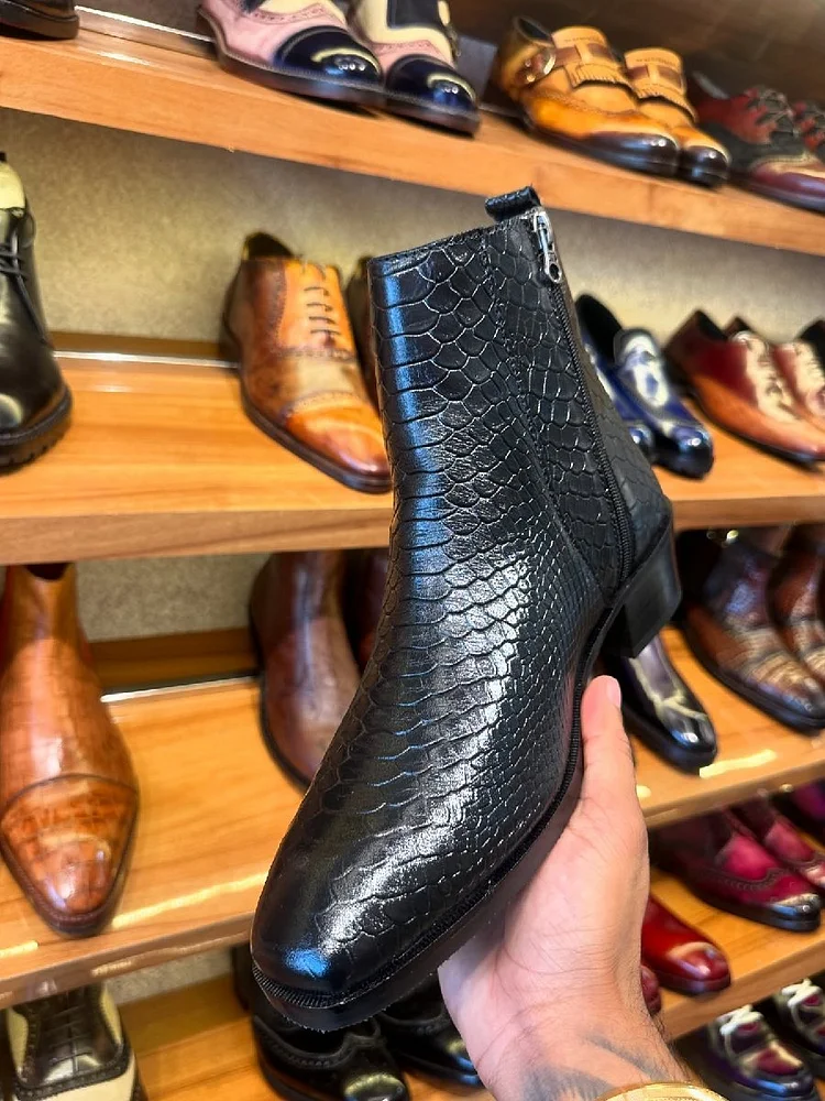 A Cuban Heel Chelsea Boot In Black Snake Pattern Shoes