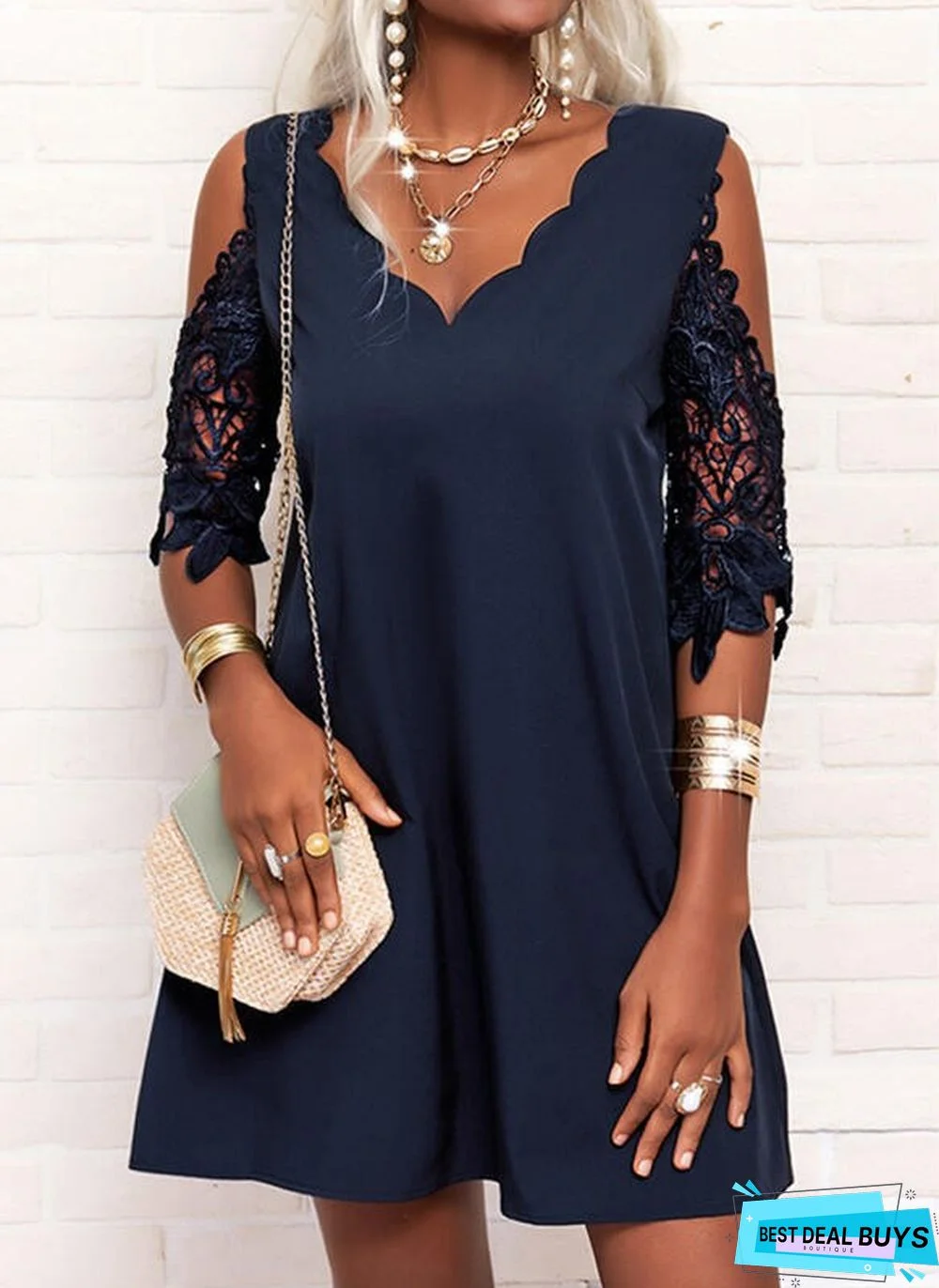 Lace V-Neck Sexy Off Shoulder Versatile Skirt Stitched Solid Dress White Dresses