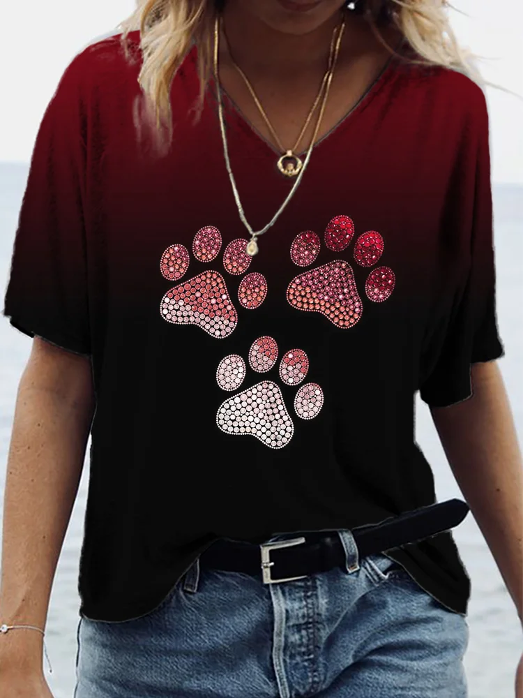 Rhinestone Dog Paws Art Gradient V Neck T Shirt