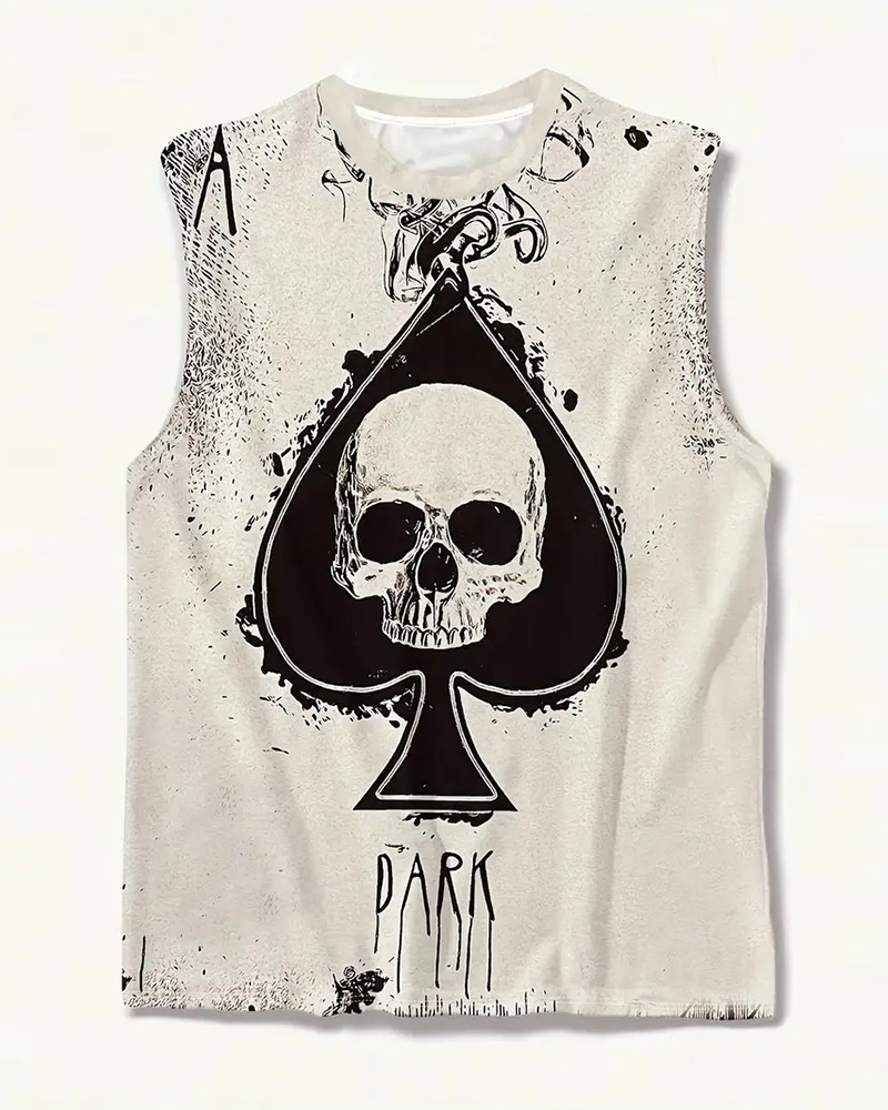 Men's Plus Size Street Fashion Beige Skull Print Round Neck Sleeveless Vest
