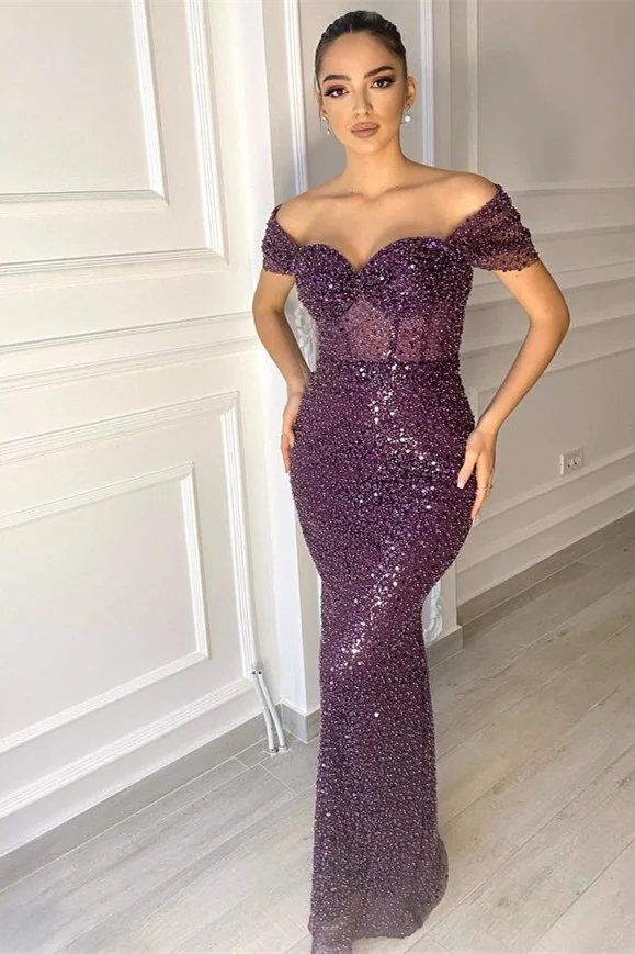 Luluslly Off-the-Shoulder Grape Sequins Evening Dress Mermaid Long