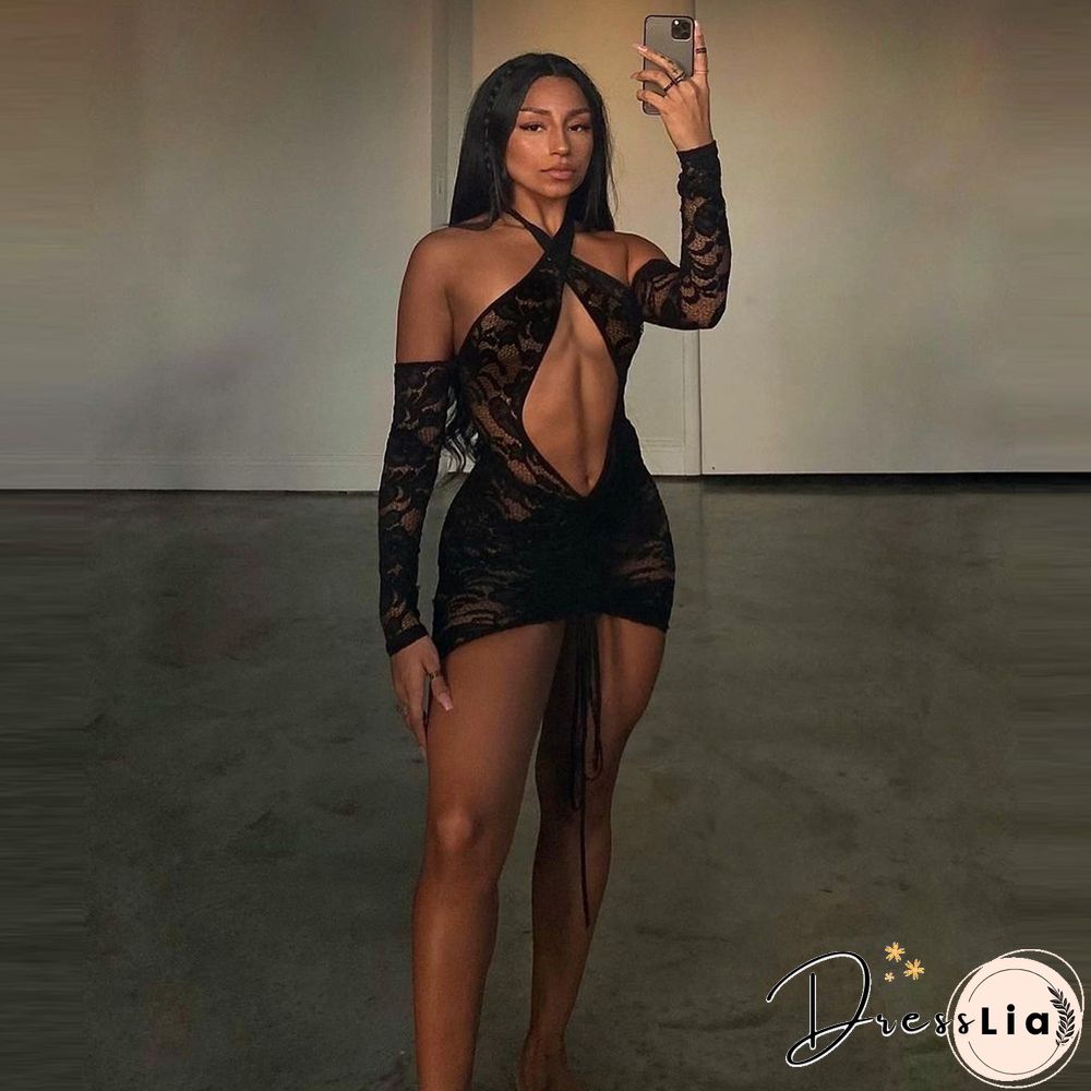 Lace Drawstring Ruched Long Sleeve Backless Dresses