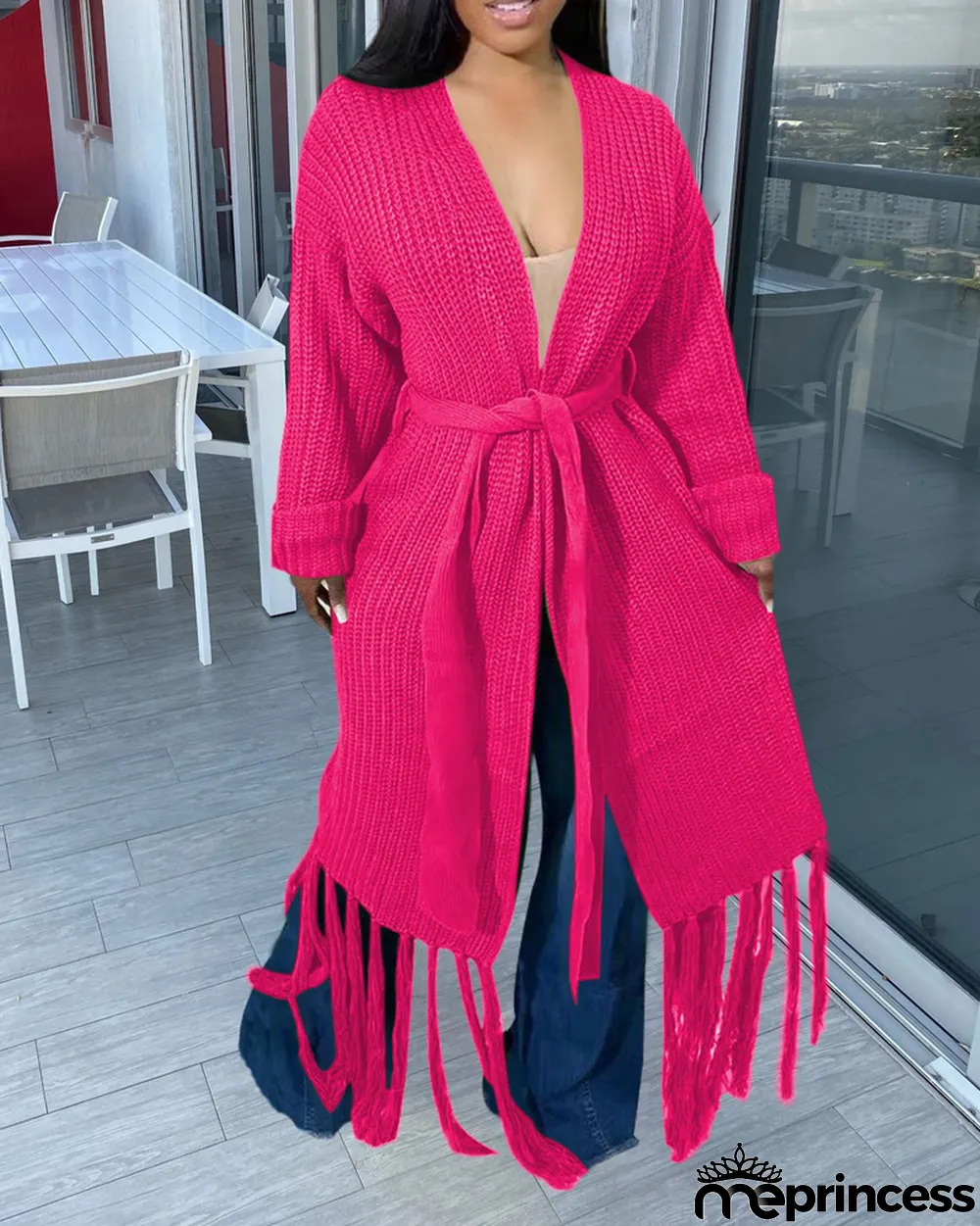 Women Long Sleeve Fringe Cardigan Sweater
