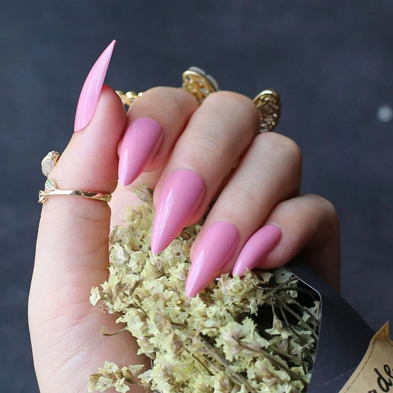 long shiny fake nails brick clour Stiletto glossy false nails Long almond salon art false nails nude Middle length-Nail Inspo