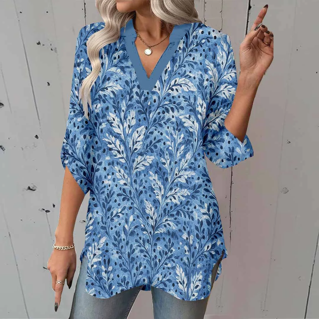 Women Leaves, Blue DZGA0173 3/4 Sleeve V-neck Printed Graphic Button Tops