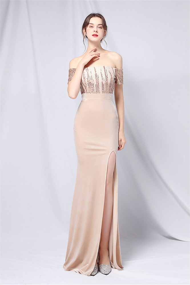Luluslly Off-the-Shoulder Sequins Mermaid Evening Dress Long Split Velvet YE0056