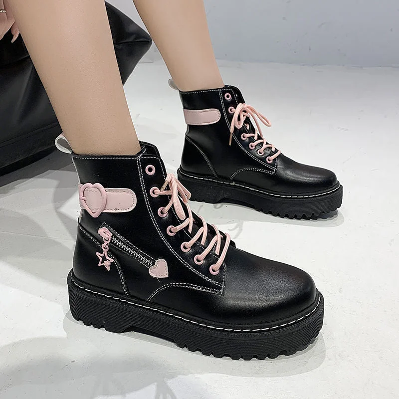 Vstacam Graduation Gift Lolita Japanese Kawaii Pink Black Martin Boots Short Love Shoes 2022 New Platform Wild Thick-heeled Rubber Wedges Shoes