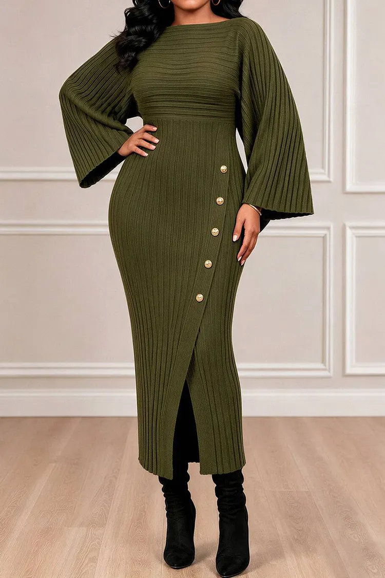 army casual dress Xpluswear Design Plus Size Business Green Round Neck Flare Long Sleeve Button Split Rib Knit Midi Dresses [Pre-Order] Color:Desert Sand dresses_white Created with soft linen Halter Club Dresses | Jacket