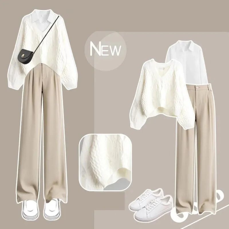 Pongl Women's Autumn/Winter Suit 2023 New Fashion Knitted Sweater White Shirt Casual Pants Three Piece Set Korean Elegant Matching Set