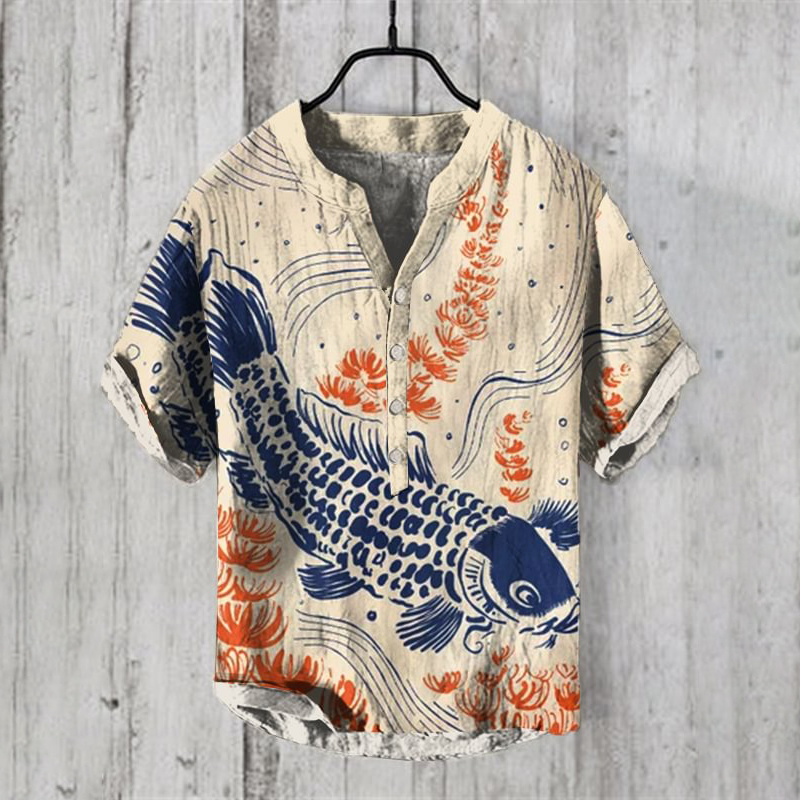 wearshes Japanese Ocean Fish Ink Painting Print Linen Blend Shirt
